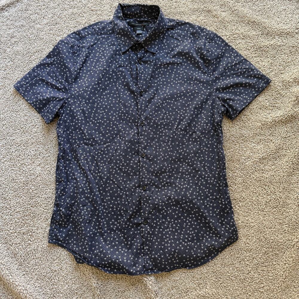 John Varvatos Luxe Shirt Men Medium Navy Blue Geometric Slim Fit Short Sleeve